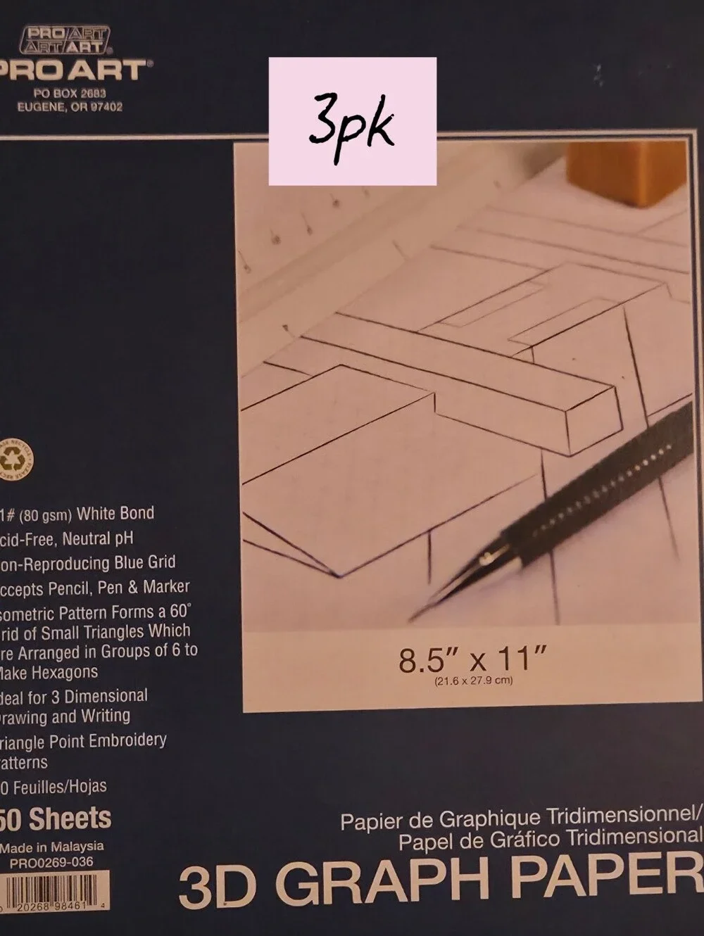 Pro Art 3D Isometric Graph Paper 8.5x11 Inch 20lb Acid Free 50 Sheets 3pk